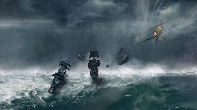 animation of four ships and a sea plane at rough stormy seas