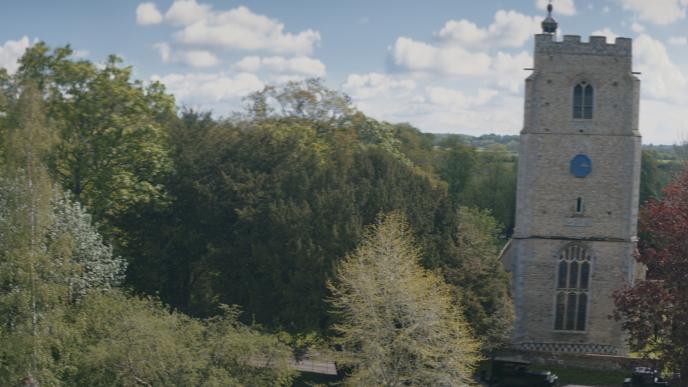 A drone shot approaching a church