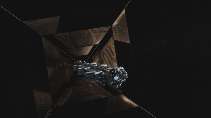 golden energy sails attached to a spacecraft hovering in space