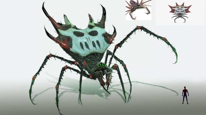 art sketch of a giant spider in contrast to spider-man. there are reference photos of a spiny orb-weaver and a whip spider