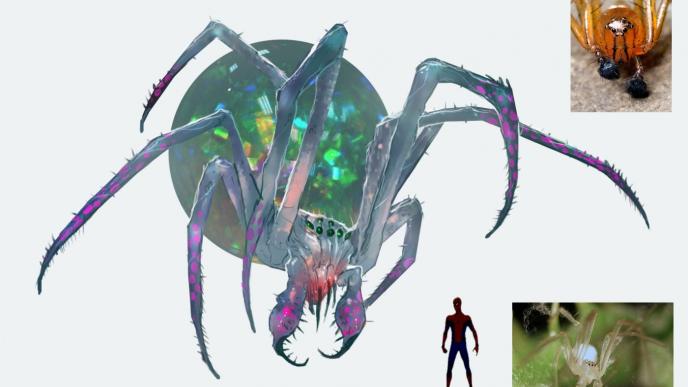 art sketch of a giant spider that has an opal body and crystal legs in contrast to spider-man with reference photos of striped lynx spiders on the top and bottom right corner