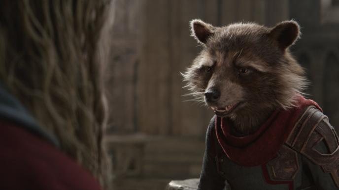 cg animated rocket the racoon speaking to thor 