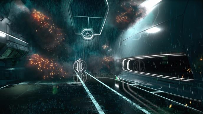 vr perspective of a futuristic starship that is sparking