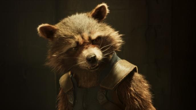 close up of rocket racoon talking with a stern look on his face