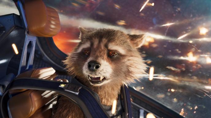 rocket racoon sitting strapped in a spacecraft looking concerned. there is an explosion in space in the background