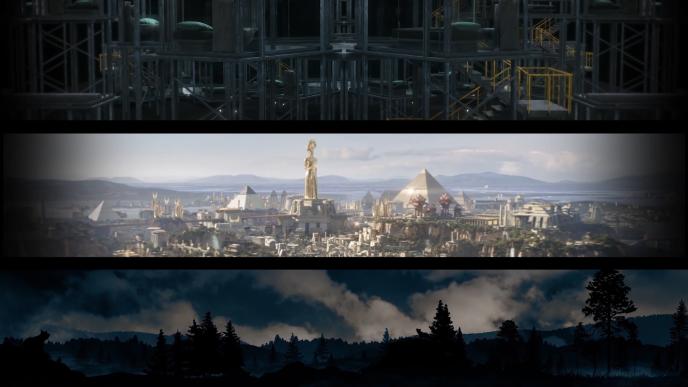 three screens of citycapes, the city of cairo and a forest