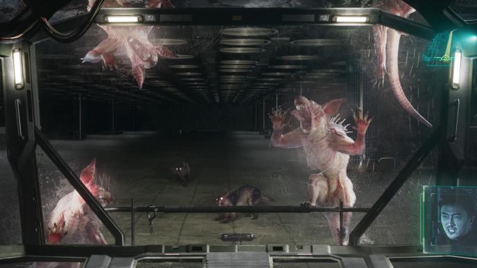 four giant diseased rats climbing a window screen as two others approach from the distance