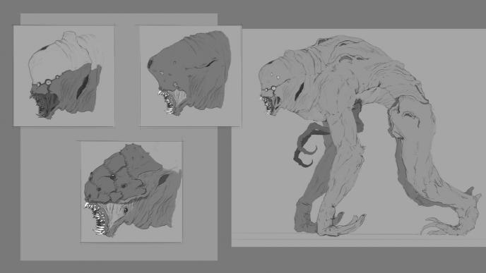 art sketch and character breakdown of a lovecraft monster