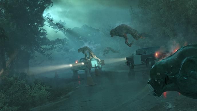 monsters from 'lovecraft country' jumping above cars through a forest road