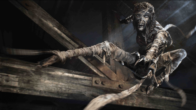 concept art of a cursed mummy hanging on wooden cladding