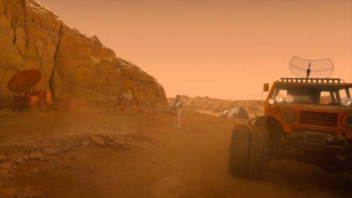 cg animation of an astronaut near a space car on mars