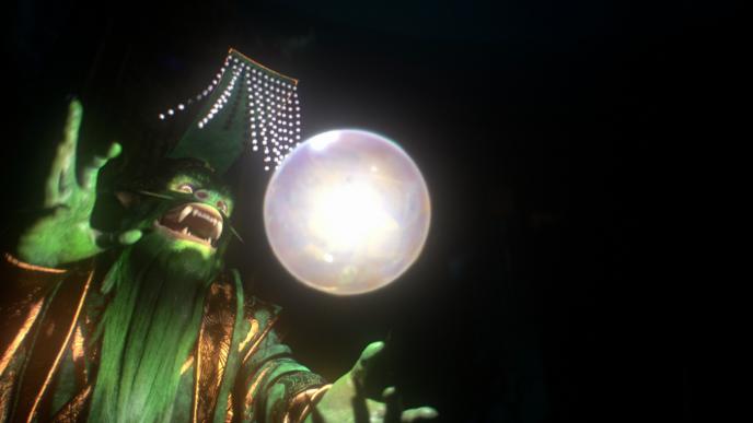 an animated mythological character holding up a crystal ball