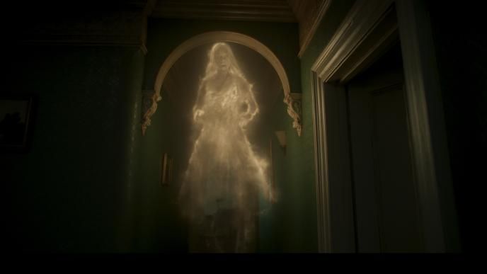 A ghost of a woman, hovering in the doorframe of a dark house