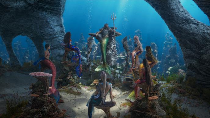 Triton and six of his daughters sit in an underwater cove