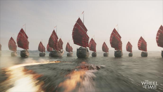 A fire dragon approaches a fleet of boats on the ocean