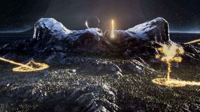 There is an army attacking a large rock structure in space, the army is being attacked by bursts of gold light.