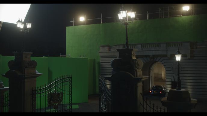 Gates of Buckingham Palace set and green screens. Behind the scenes of The Crown season 6