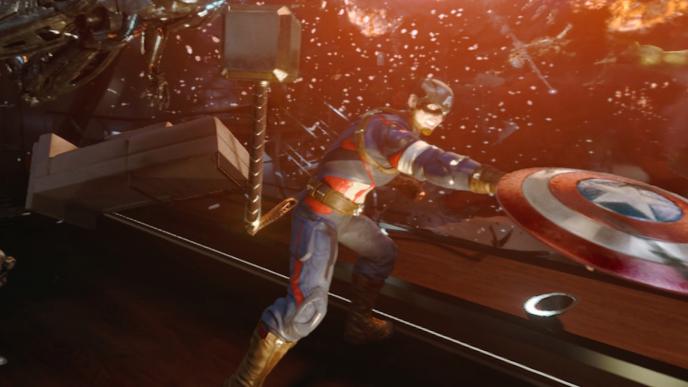 Captain America throwing his shield while the interior of a building explodes in the background.
