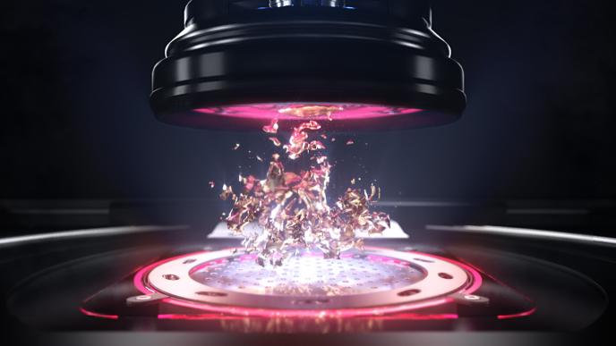 Liquid metal is flowing upwards from a glowing base plate to a glowing plug.