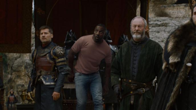 Game of Thrones characters with Idris Elba who is wearing modern current clothing