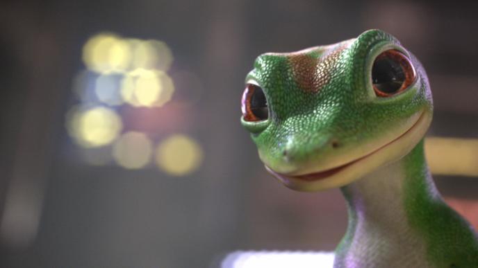 close up face view of cg animated geico gecko