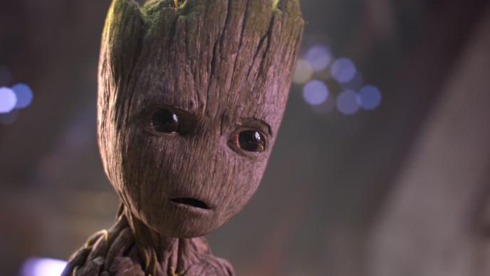 close up face view of cg animated baby groot