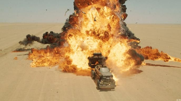 A large tanker explodes in a desert