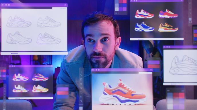 A man surrounded by virtual screens with shoe designs on the screens
