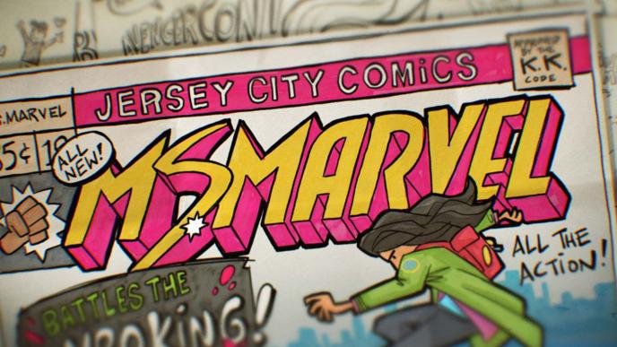A stylised shot of the Ms Marvel title sequence, showing Kamala Khan as a superhero