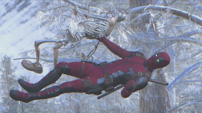 Previs of the opening sequence of Deadpool and Wolverine in which Deadpool jumps up holding Logan's skeleton