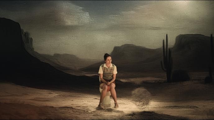 Painting of girl sitting on tumbleweed