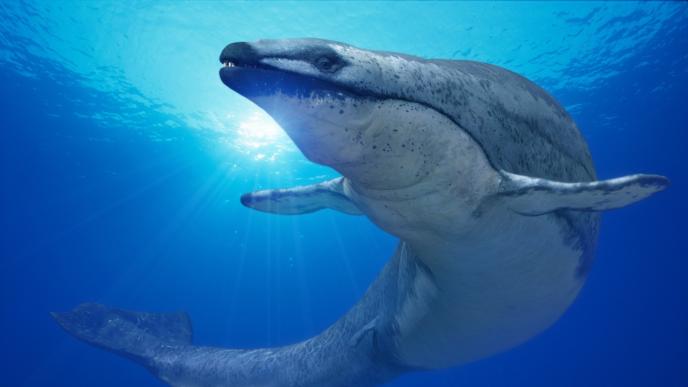 A CG water dinosaur swimming towards the camera.