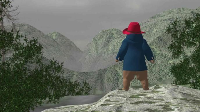 Previs from Paddington in Peru, showing Paddington standing on a cliff edge looking out at a digitally rendered Peru