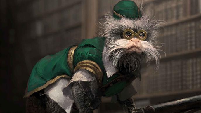 Concept art of a Tamarin monkey as a professor at Shiz in the film 'Wicked' 
