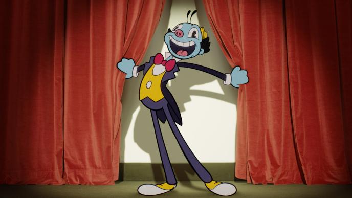 2D Animated Mr Ring a Ding from Doctor Who season two exiting a red cutain.