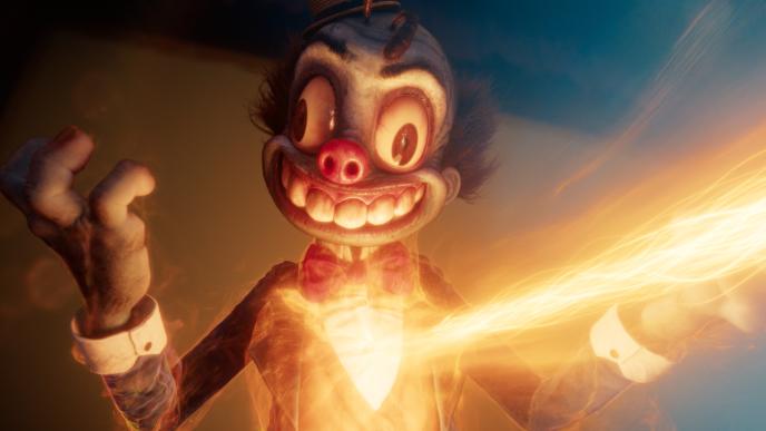 3D animated still of Mr Ring a Ding from Doctor Who with a FX beam of light hitting his chest.
