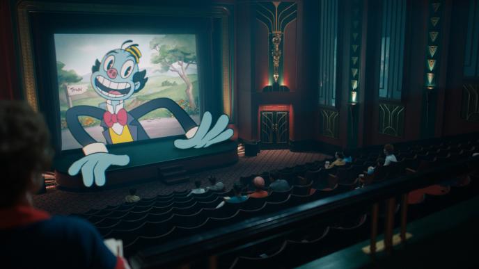 2D Animated Mr Ring a Ding from Doctor Who coming out of a cinema screen into the auditorium. 