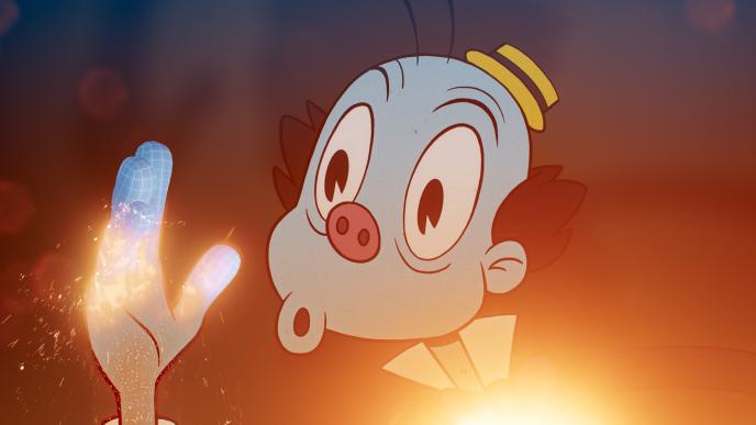 2D Animated Mr Ring a Ding from Doctor Who with 3D FX gold sparks and light coming from his hand and chest. 