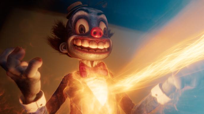 3D animated still of Mr Ring a Ding from Doctor Who with a FX beam of light hitting his chest.