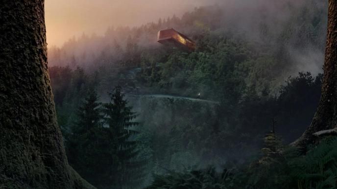 A modern rectangular house peeking out of a forested hillside in a sunset.