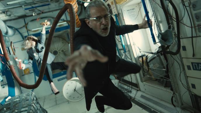 Actor Jeff Goldblum floats in a space ship