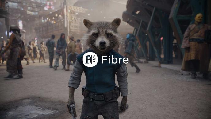 Rocket from Guardians of the Galaxy Vol 3 with a white Fibre logo