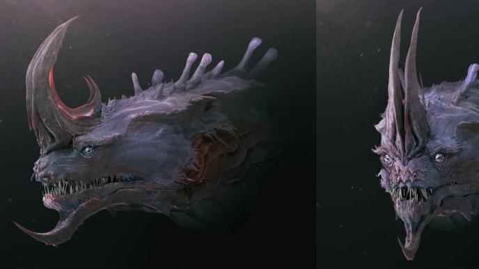 Profile and front views of Titan X concept art for Monarch S2, detailing curved horn variants and jaw structure.