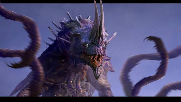 Monarch S2 cinematic concept art of Titan X, showcasing aggressive expressions and sweeping tentacles.