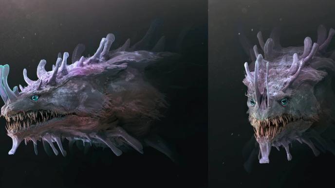 Concept art views of Titan X for Monarch S2, exploring bioluminescent horn tips and light blue eye variants.