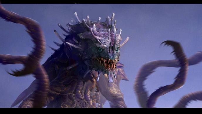 Action concept art of Titan X for Monarch S2, highlighting a menacing spiked frame and bright teal eyes.
