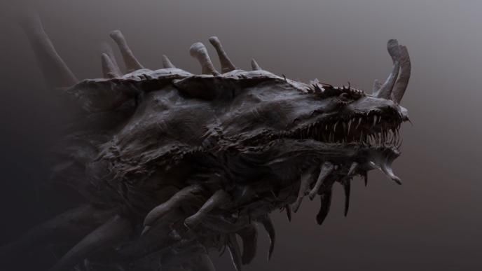 3D creature asset sculpt for Monarch S2, highlighting intricate tooth details and spiked profile design work