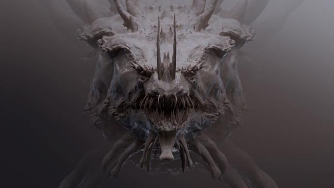 Symmetrical front view 3D creature sculpt for Monarch S2, showcasing aggressive facial features and horn placement