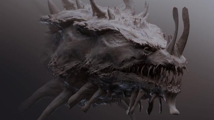 Close-up side profile of a Monarch S2 creature 3D model, emphasizing textured organic layers and jaw mechanics