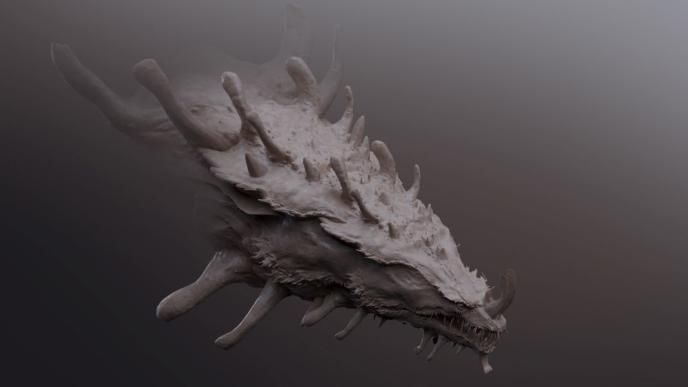 Top-down perspective 3D digital sculpt for Monarch S2, detailing carapace spine structure and elongated silhouette